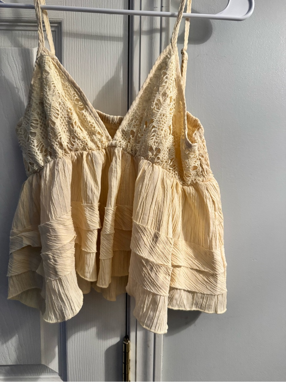 Boho Lace-Detail Cream Ruffled Cami Top